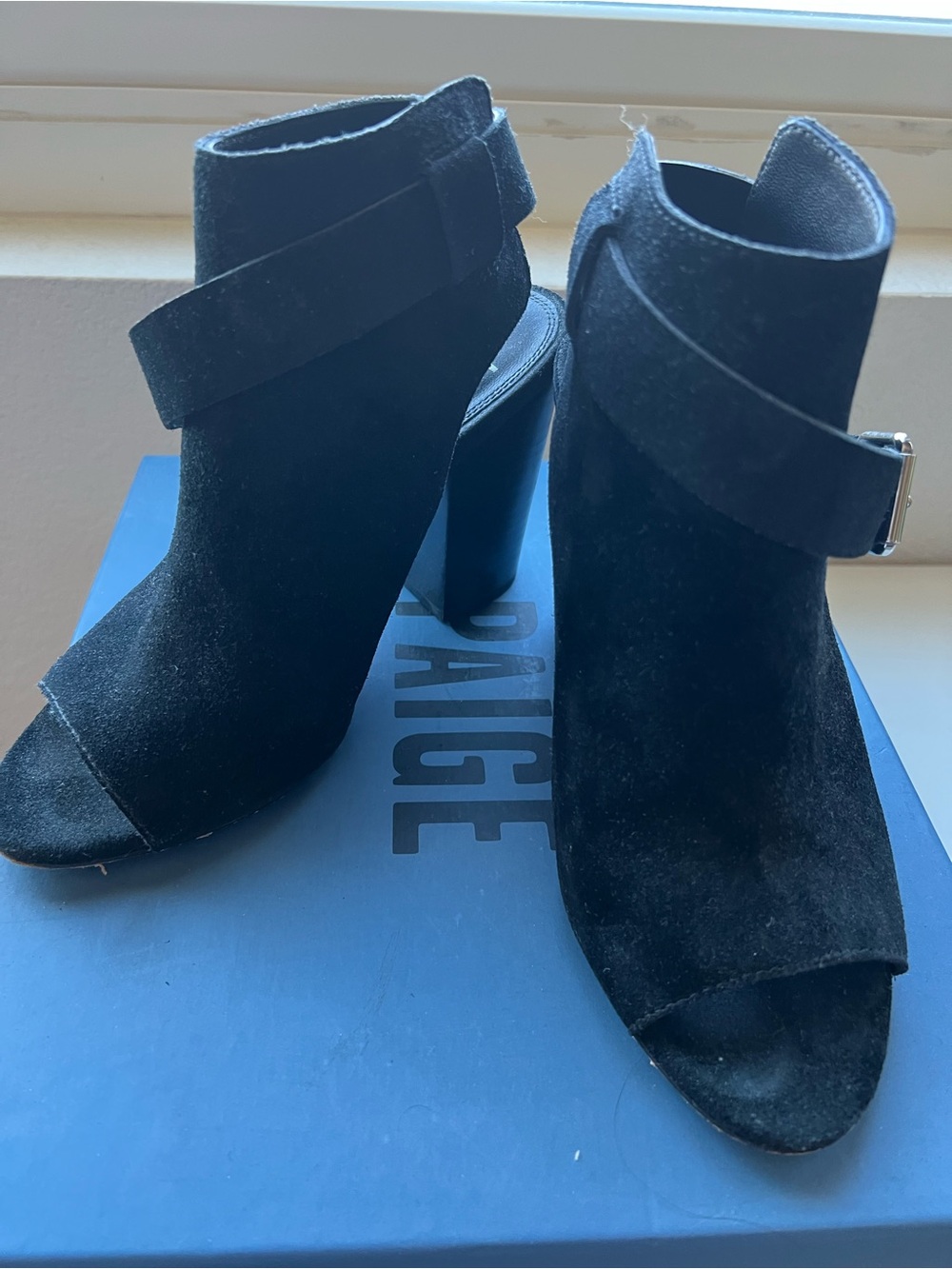 PAIGE Black Suede Open-Toe Ankle Heeled Booties
